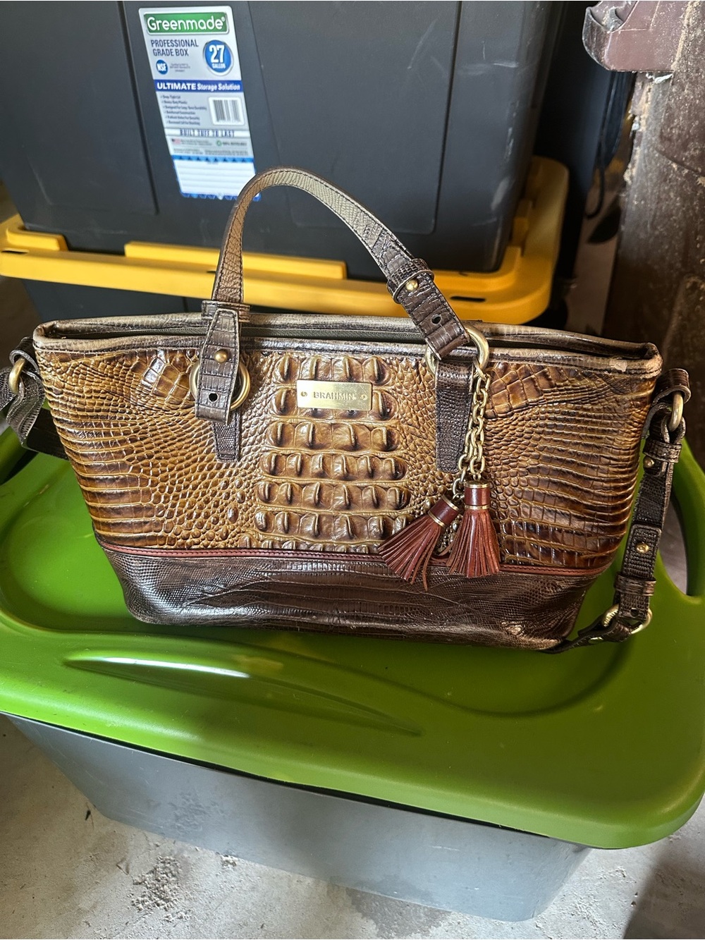 Brahmin Brown Croc-Embossed Shoulder Tote with Tassel Charm